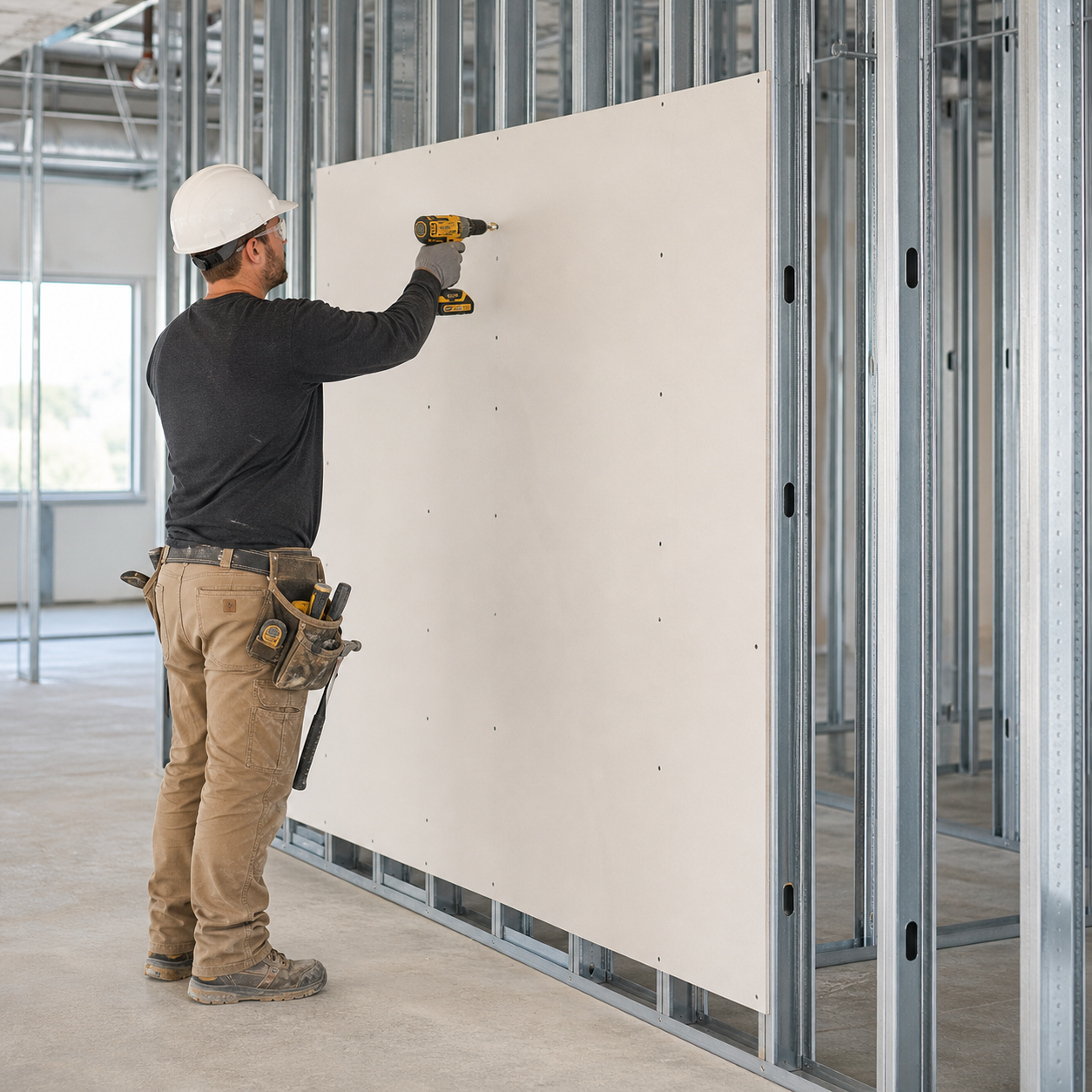 Drywall installer positioning a wallboard panel on steel framing.