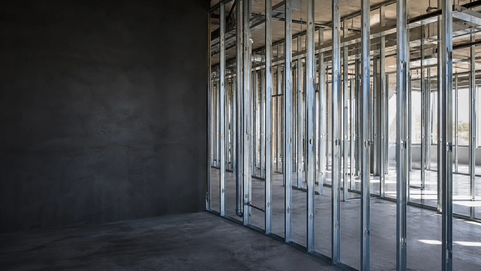Illustrative view of steel stud framing inside a construction interior.